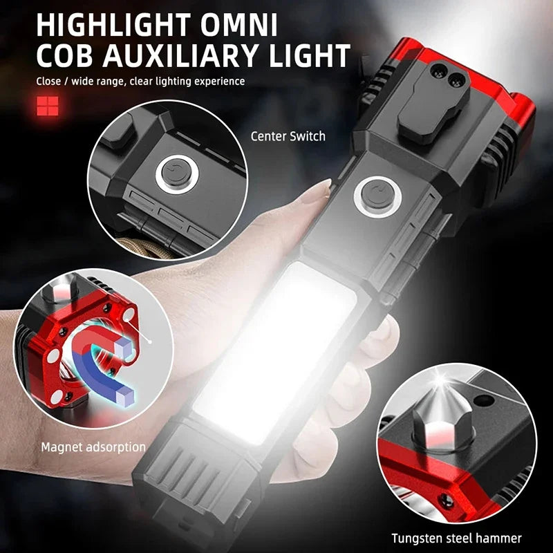 3-in-1 Emergency LED Flashlight: Super Bright Torch, Safety Hammer, & Magnetic Lantern