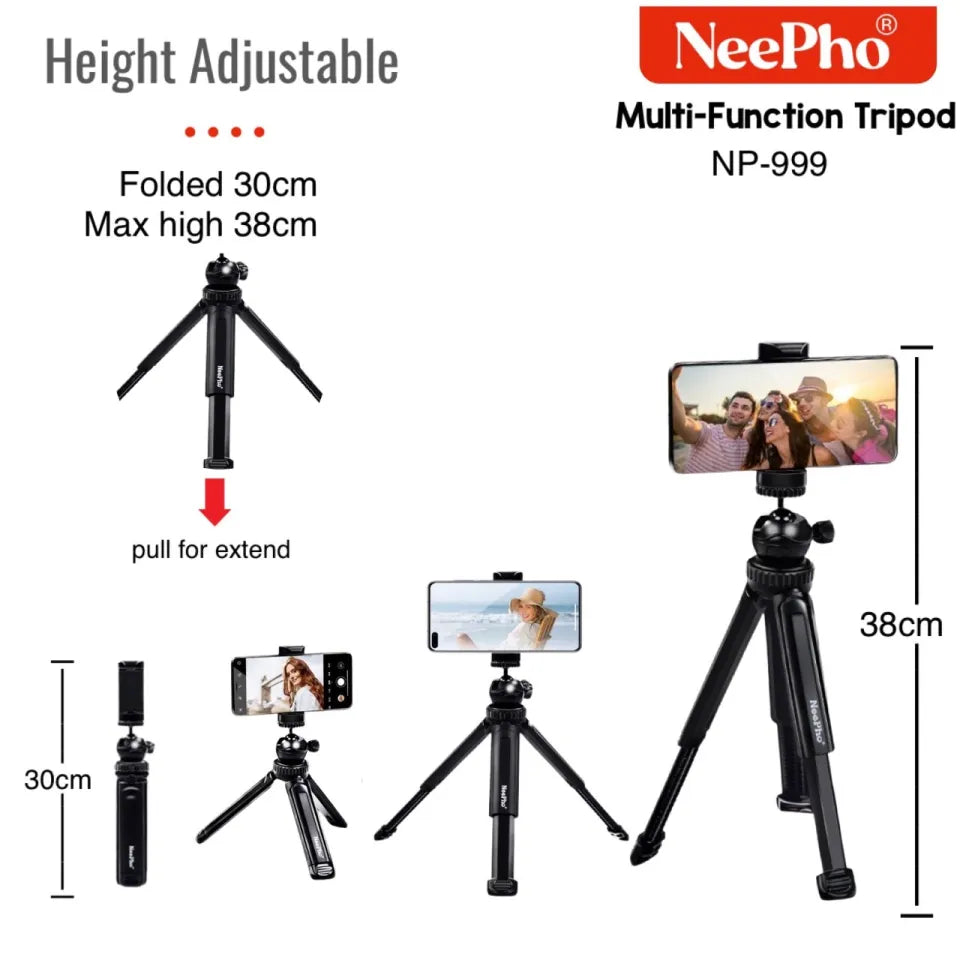 Nepho NP-999 2-in-1 Tripod & Extendable Selfie Stick | Adjustable Height, Universal Smartphone & Camera Mount | Portable Photography Stand