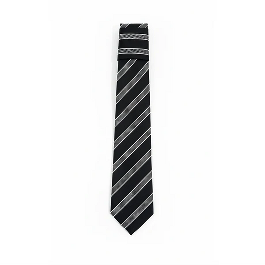 Black Label Diagonal Tie & Pocket Square Set | Premium Men’s Formal Black Tie | Classic Diagonal Stripe Design