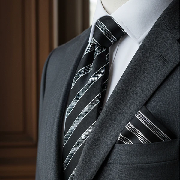 Black Label Diagonal Tie & Pocket Square Set | Premium Men’s Formal Black Tie | Classic Diagonal Stripe Design
