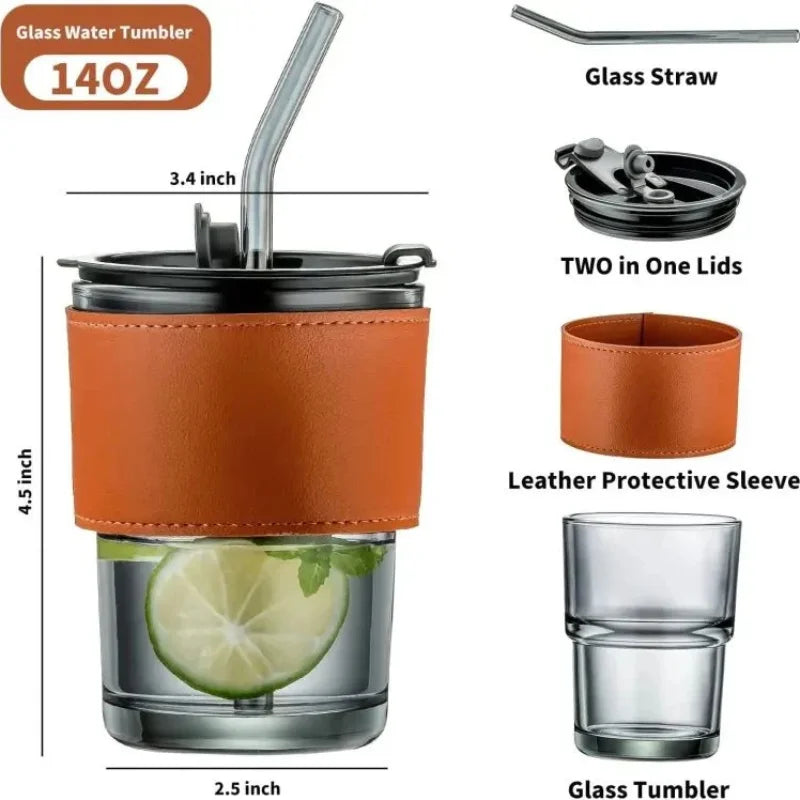 Bamboo Joint Glass Cup with Lid & Straw | 13oz Can-Shaped Tumbler with Leather Sleeve