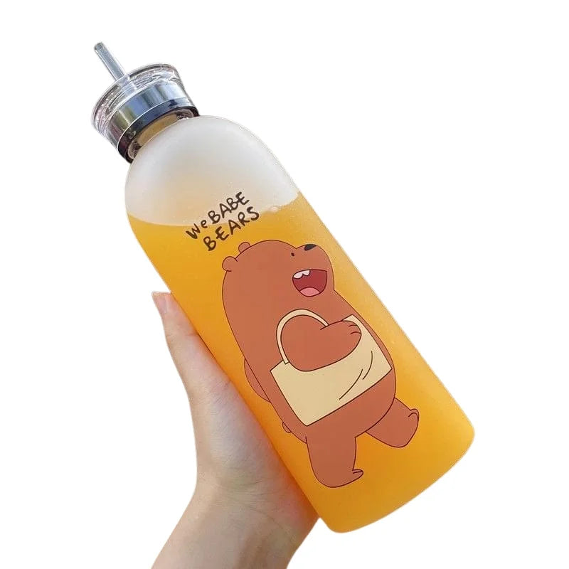 We Babe Bears Frosted Plastic Water Bottle with Straw 1000ml | Leakproof BPA-Free Cute Hydration Bottle