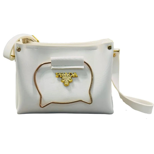 White Elegant Cat Handle Handbag for Girls & Ladies | Stylish Shoulder & Crossbody Bag with Gold Accents | Adjustable Strap