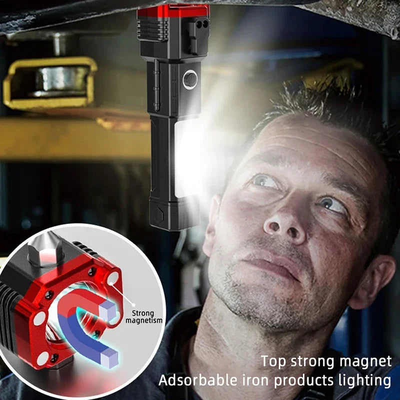 3-in-1 Emergency LED Flashlight: Super Bright Torch, Safety Hammer, & Magnetic Lantern