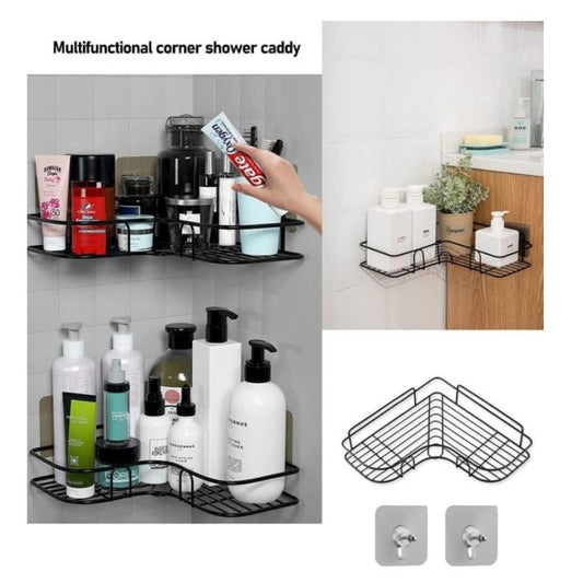 Wall Corner Rack with 2 Self-Adhesive Screws | Stainless Steel Bathroom & Kitchen Storage Shelf