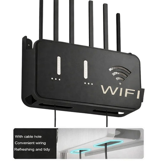 Black WiFi Router Storage Box & Wall Mount Shelf  Universal Cable Organizer | Space-Saving Holder for Modem, Set-Top Box & Smart Devices | Home & Office Use