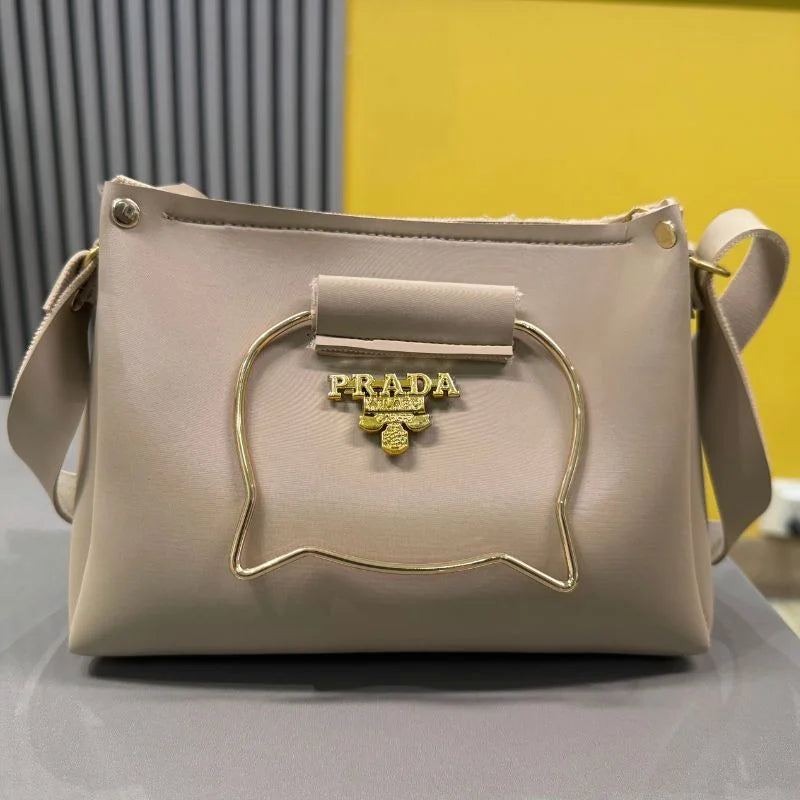 Beige Elegant Cat Handle Handbag for Girls & Ladies | Stylish Shoulder & Crossbody Bag with Gold Accents | Adjustable Strap