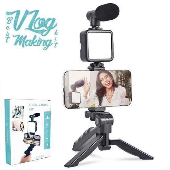 AY-49 Video Making Kit | All-in-One Vlogging Tripod with Wireless Remote, Microphone, LED Light & Mobile Holder