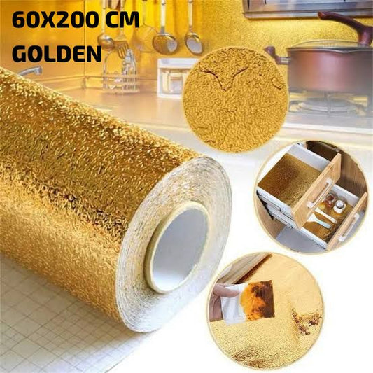 Golden Foil Kitchen Wallpaper Sticker | 60×200cm | Peel & Stick Aluminum Foil Wall Covering | Oil-Proof, Waterproof & Heat-Resistant Decor