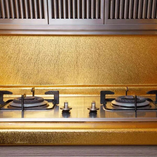Golden Foil Kitchen Wallpaper Sticker | 60×200cm | Peel & Stick Aluminum Foil Wall Covering | Oil-Proof, Waterproof & Heat-Resistant Decor